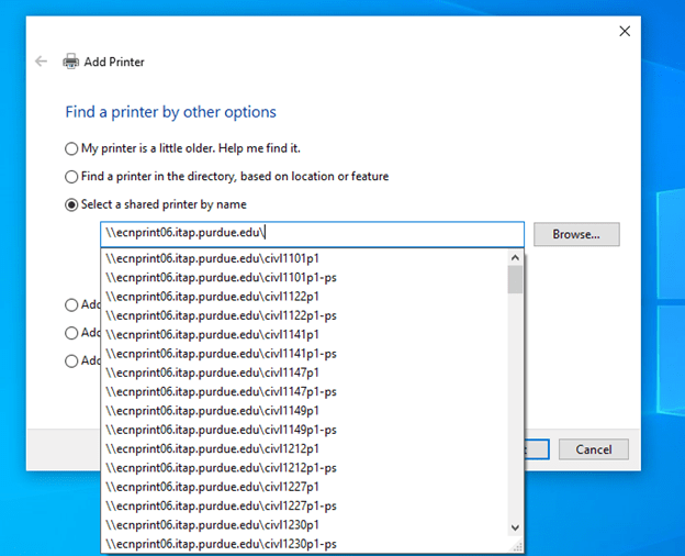 Adding a network printer in Windows 10 — Purdue IT Distributed